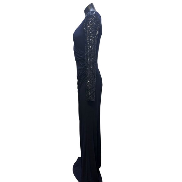 Eliza J Navy Long Formal Gown With Sequined Sleeves & Surplice Neckline Size 6 - Picture 4 of 8